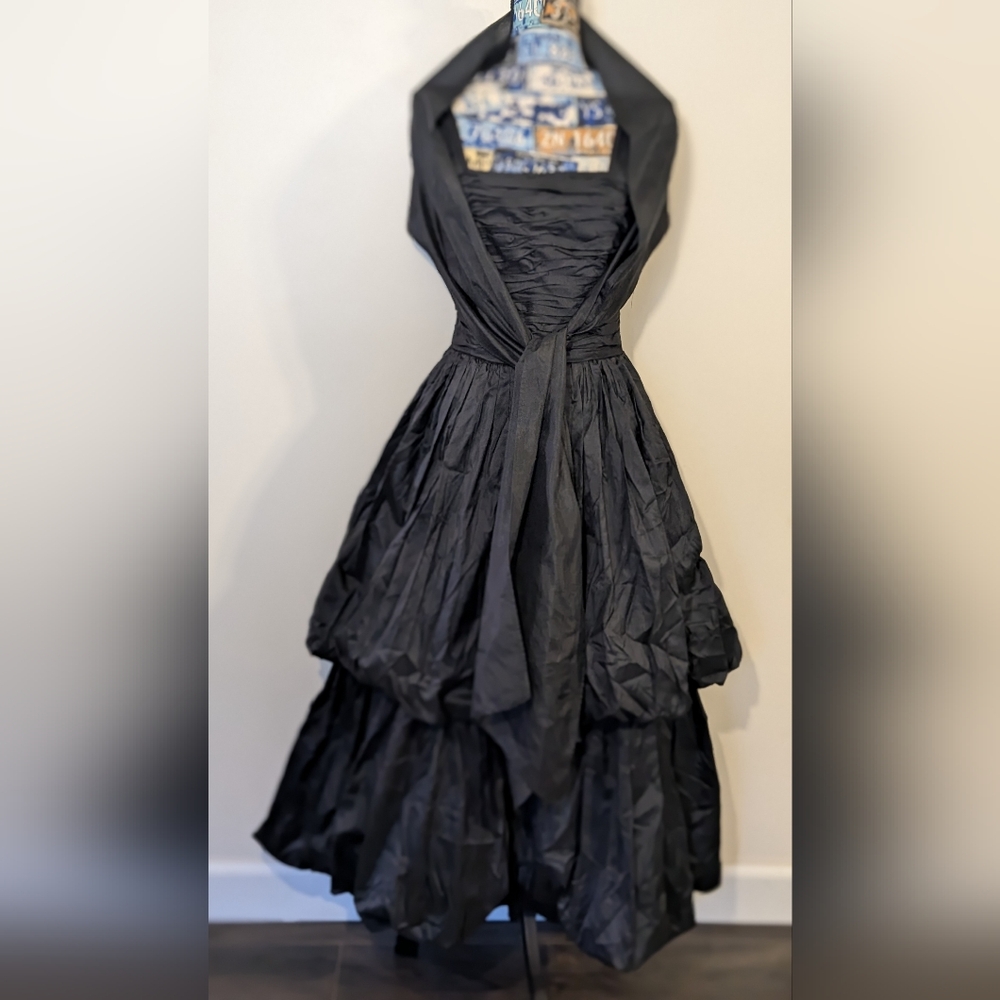 DESIGNER 'KAMAL' VTG HAUTE COUTURE BLACK SILK TAFFETA DRESS
